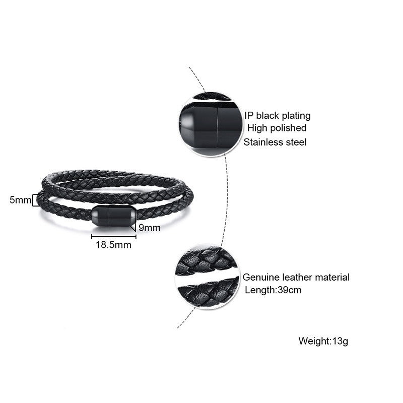 Kemstone Black Leather & Stainless Steel Magnetic Bracelet – Dual-Layer Cuff for Men BL446