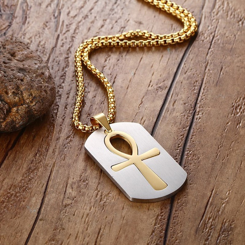 Collar con colgante de símbolo de vida Ankh de acero y titanio Kemstone - Diseño geométrico, joyería duradera para hombre PN-623