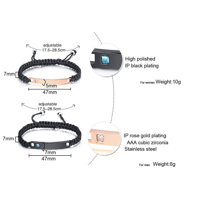 Kemstone Adjustable Couples Bracelet – Braided Rope & Stainless Steel with Zircon Accent CB-035