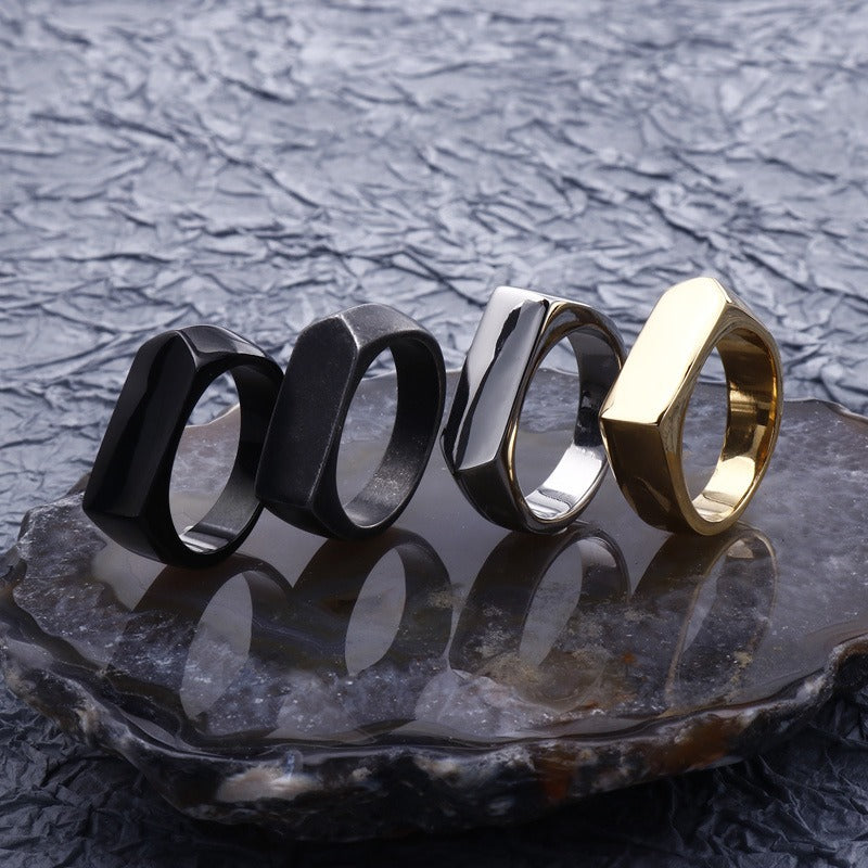 Kemstone Geometric Titanium Steel Ring – Matte Urban Streetwear Band for Men | Gothic Hip-Hop Style KR86567-KHX