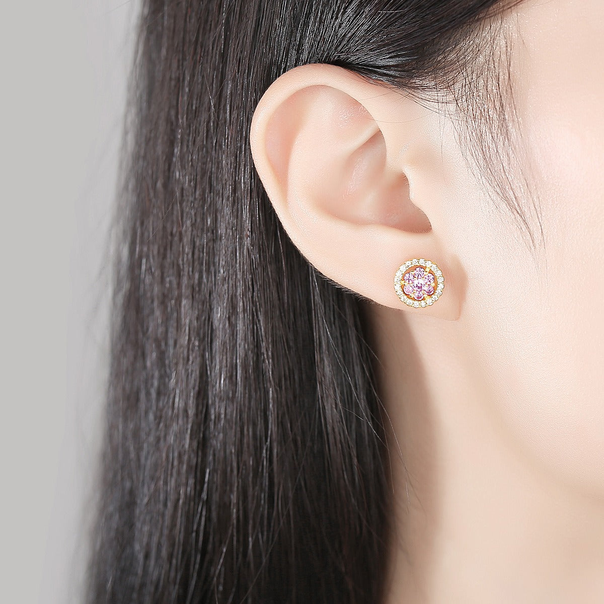 Pendientes Kemstone con delicados circonitas rosas | Diseño floral minimalista en plata S925 para mujer SE20060937