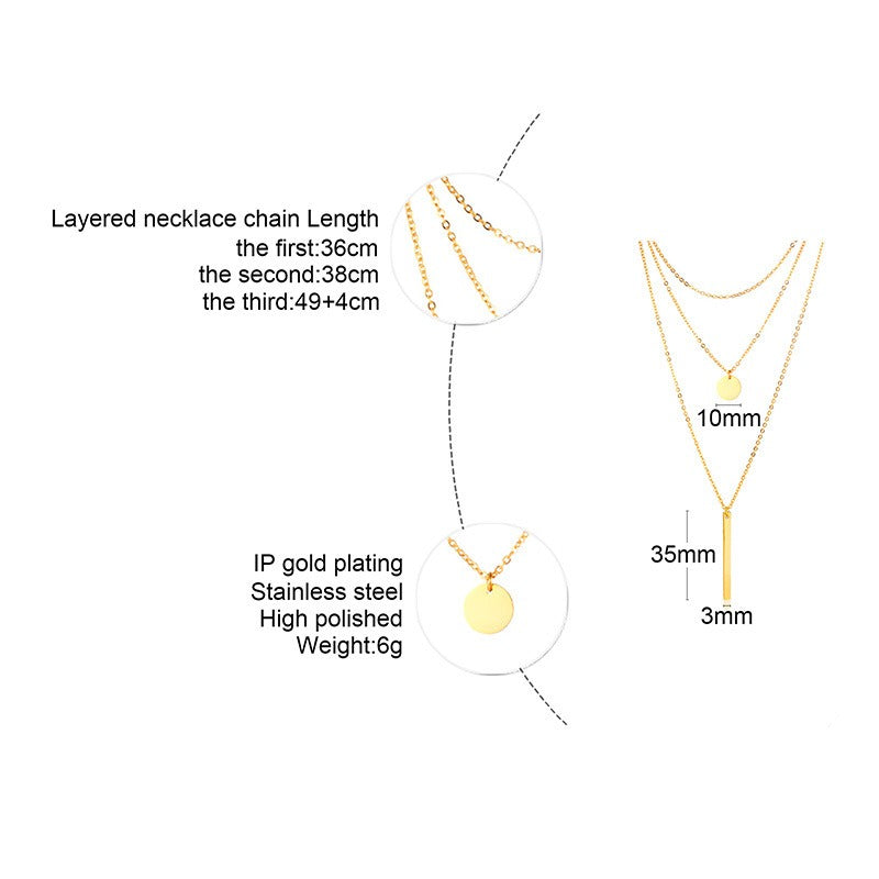 Geometric Triple Layer Necklace – Stainless Steel Bar & Circle Pendant in Gold | Gothic Minimalist Streetwear NC-428