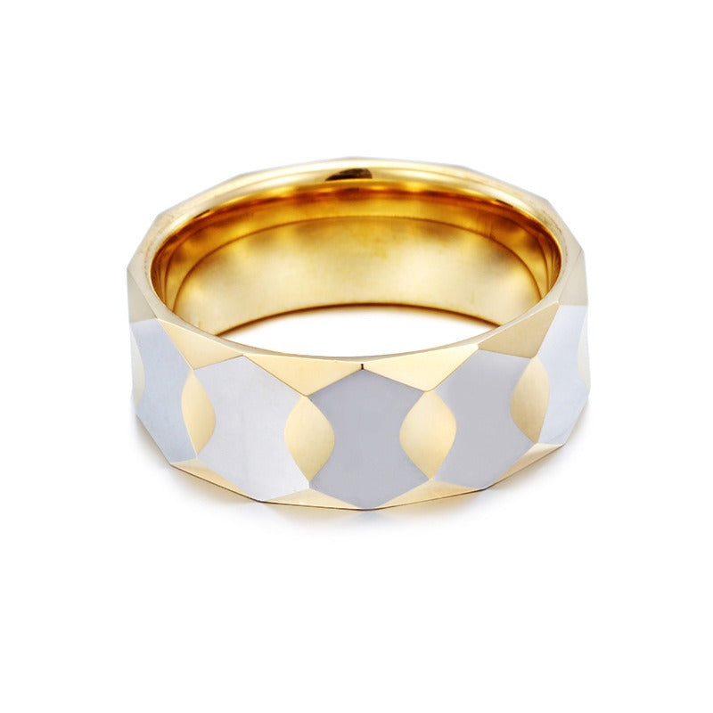 Kemstone Tungsten Geometric Ring for Men & Women – 9mm Faceted Armor Band Dual Tone KR34306