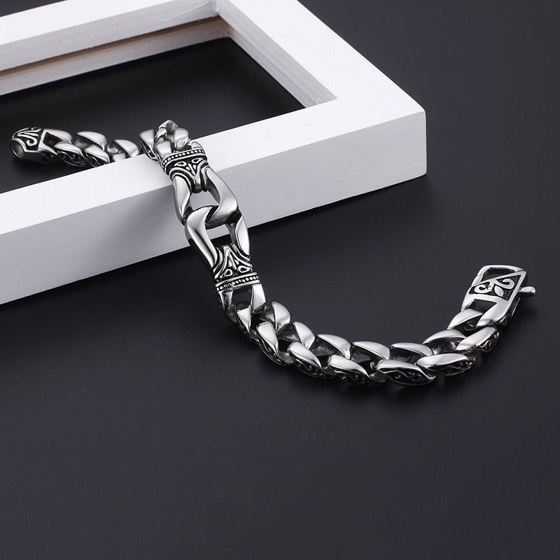 Kemstone Men's Vintage Cuban Chain Bracelet – Engraved Titanium Steel Punk Cuff for Gothic Streetwear KB80116-BD