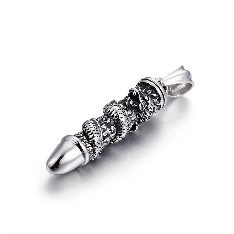 Kemstone Dragon-Wrapped Bullet Pendant – Titanium Steel Necklace for Men, Rugged Norse-Inspired Urban Style KP55643