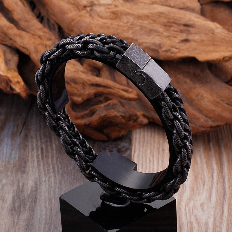 Kemstone Double Layer Chain Bracelet – 13mm Stainless Steel Punk Biker Jewelry for Men | KB91534-BD