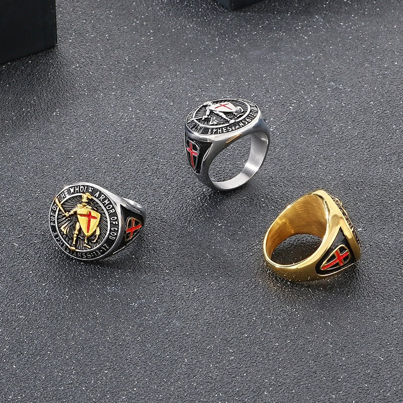 Anello con croce e scudo templare - Sigillo in acciaio inossidabile con armatura smaltata rossa | Gothic Street Faith KR112563