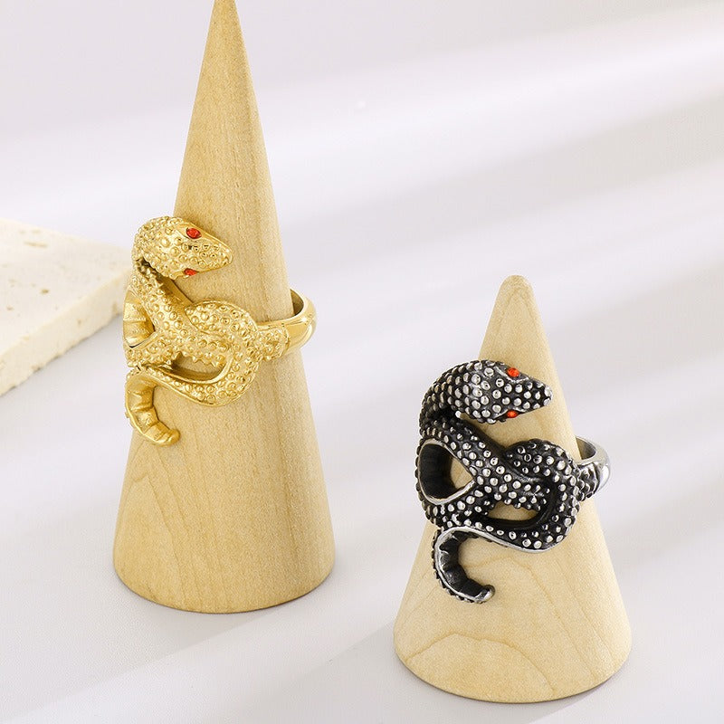 Kemstone Serpentine Titanium Steel Ring - Coiled Snake Design with Ruby Eyes, Vintage Gothic Jewelry for Men KR105952