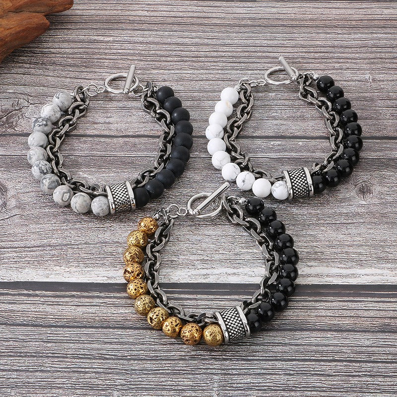 Kemstone Tiger Eye & Turquoise Bead Bracelet – Dual-Layer Steel Chain Men’s Jewelry with Vintage Map Stone Vibe KB182645