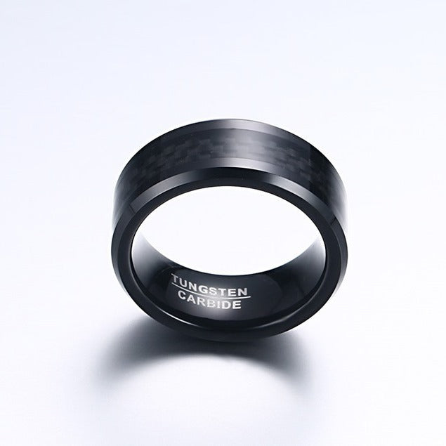 Kemstone 8MM Carbon Fiber Inlaid Tungsten Carbide Ring – Black Matte Finish TCR036