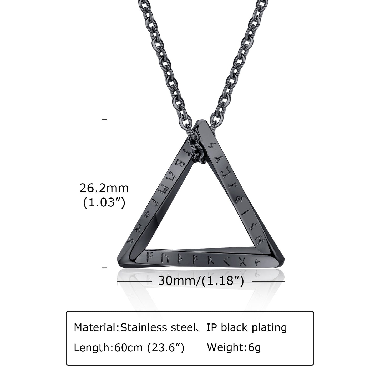 Kemstone Viking Runes Triangle Pendant Necklace – Stainless Steel Nordic Symbol Jewelry for Men Silver & Black PN-1707