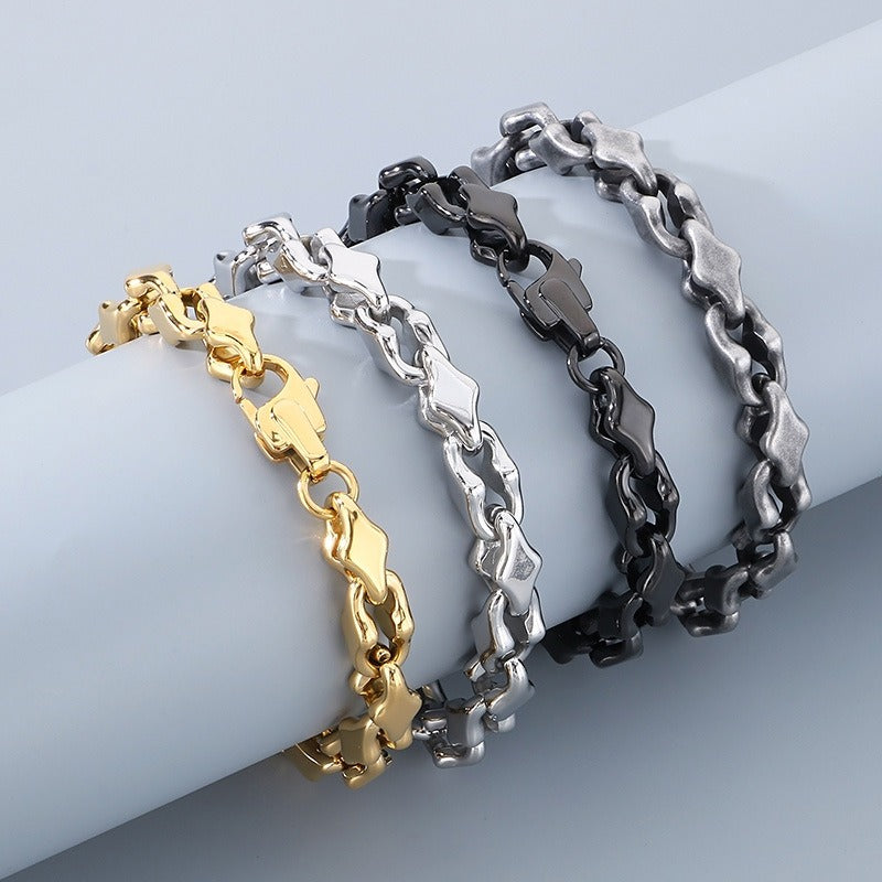 Kemstone Steel Link Jewelry Set – Men’s Hip-Hop Chain Necklace & Bracelet with Geometric Links