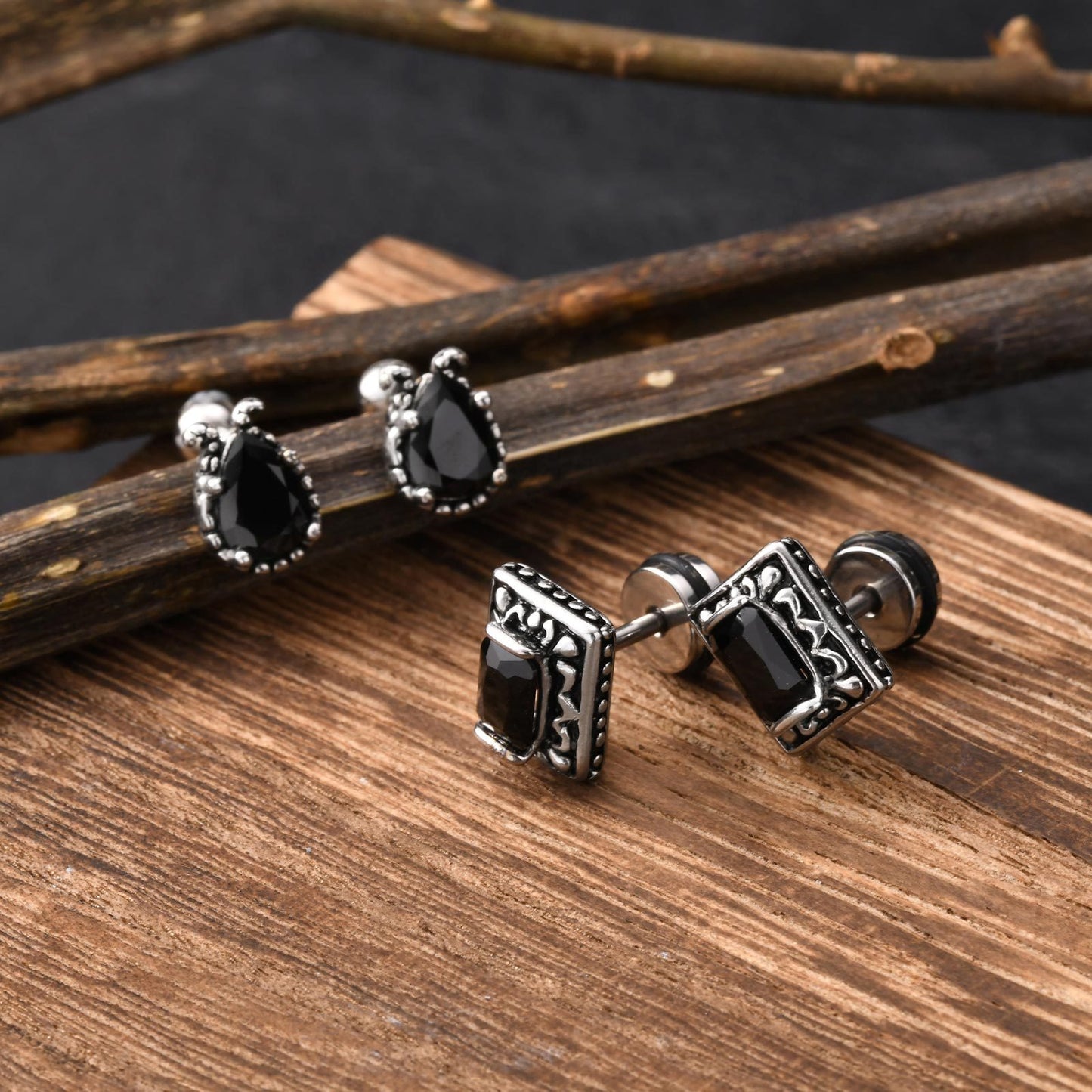 Kemstone Matte Black Steel Earrings – Geometric Zircon Studs for Men