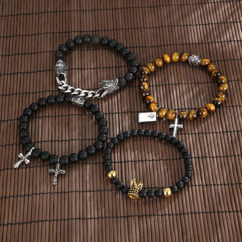 Kemstone Black Onyx Beaded Bracelet – CZ Crown, Freemason Cross & Tiger Eye Accent for Men’s Gothic Streetwear KB69789-BD