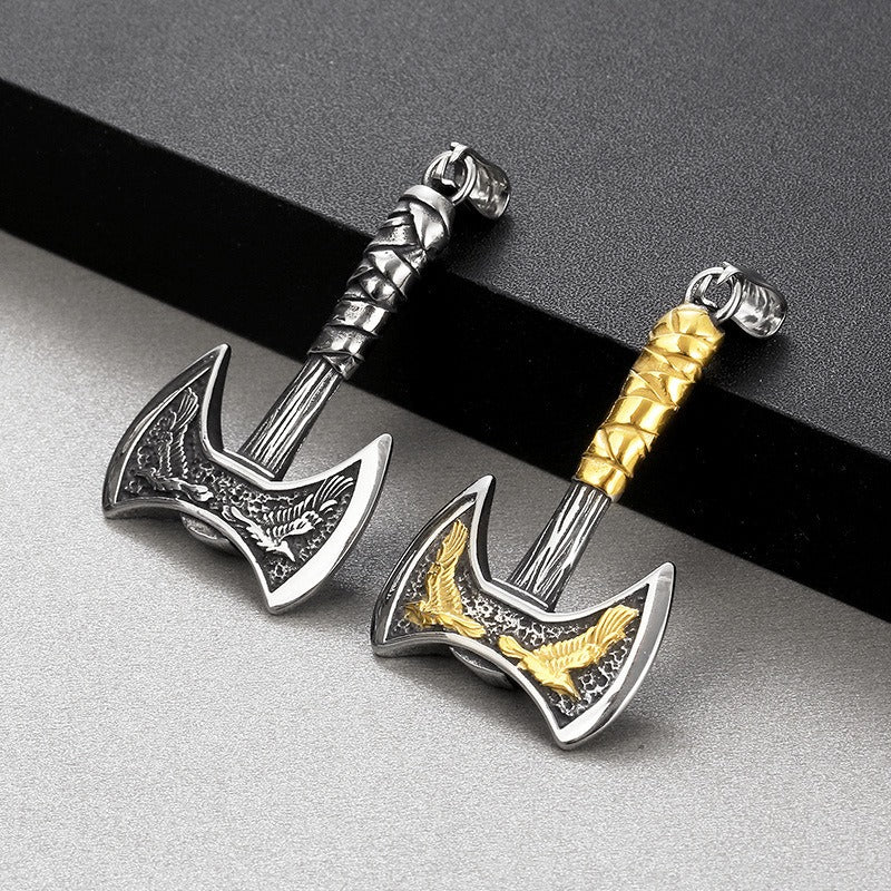 Kemstone Viking Axe & Raven Pendant – Norse Rune Titanium Steel Necklace for Men KP130627-TLX