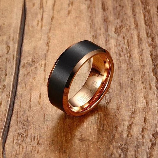 8MM Tungsten Carbide Men’s Ring – Brushed Black & Rose Gold Band TCR-069