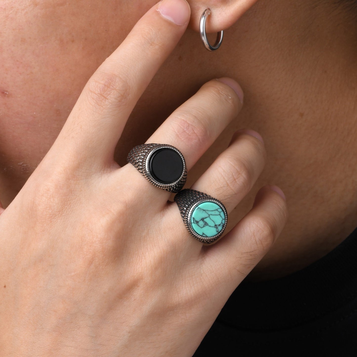 Men’s Stainless Steel Signet Ring – Natural Stone Seal Design (Black Onyx / Turquoise / Tiger Eye) RC-685