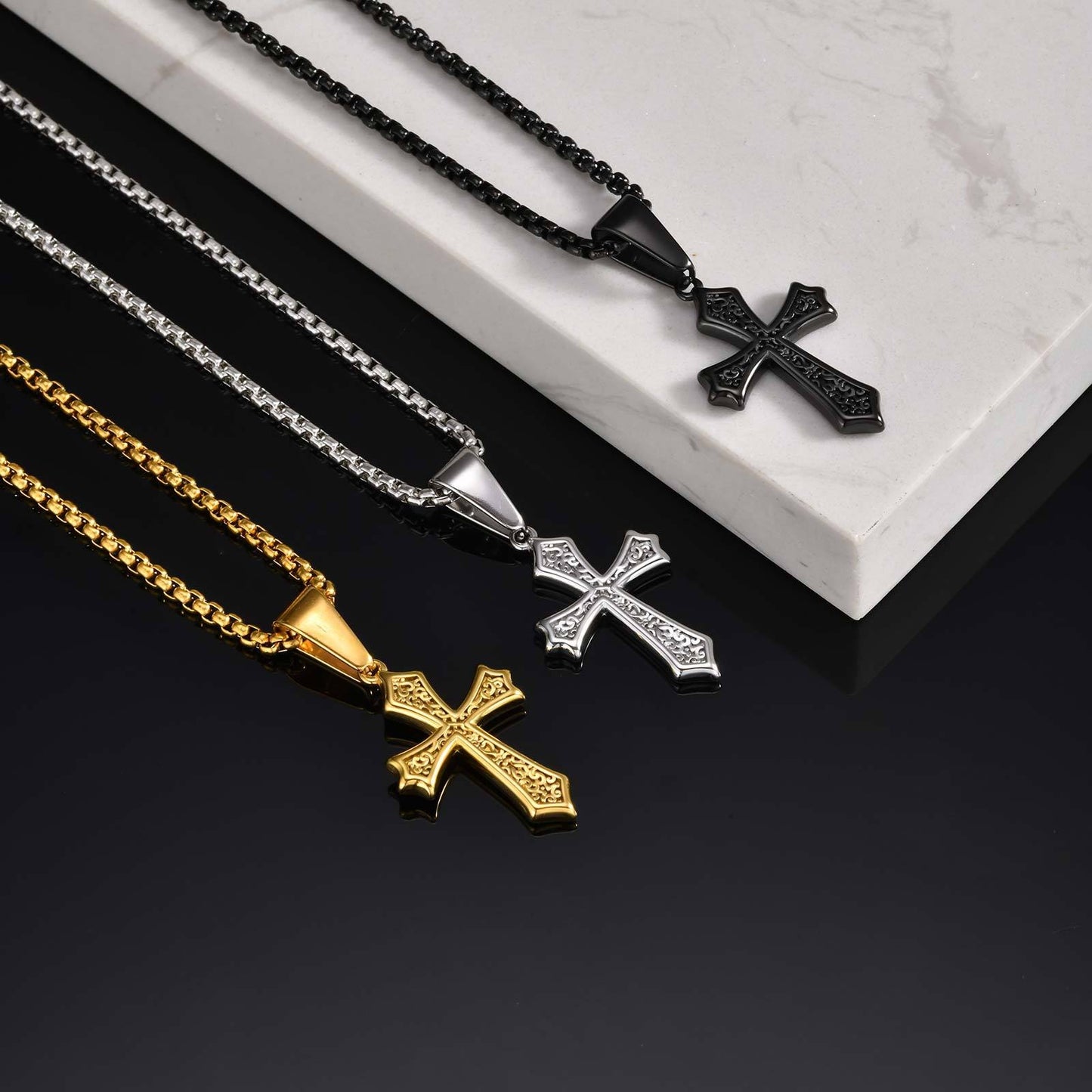 Kemstone Men’s Gothic Cross Necklace – Stainless Steel Pendant in Black, Silver, or Gold, Symbol of Faith & Power PN-2012