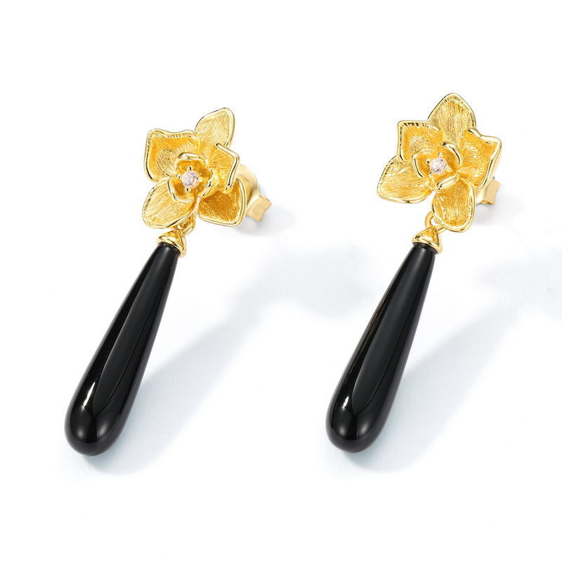 Kemstone 925 Sterling Silver Gold-Plated Black Onyx Flower Drop Earrings – Elegant Teardrop Dangle Jewelry for Women