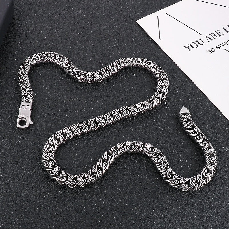 Kemstone Punk Vintage Distressed Geometric Buckle Men's Titanium Steel Inlaid Cubic Zirconia Cuban Chain Necklace KN232322