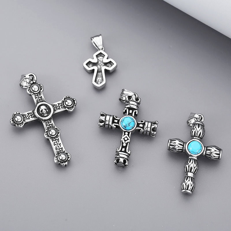 Kemstone Gothic Portrait Pendant – Titanium Steel Necklace with Crown & Turquoise Cross KP119878
