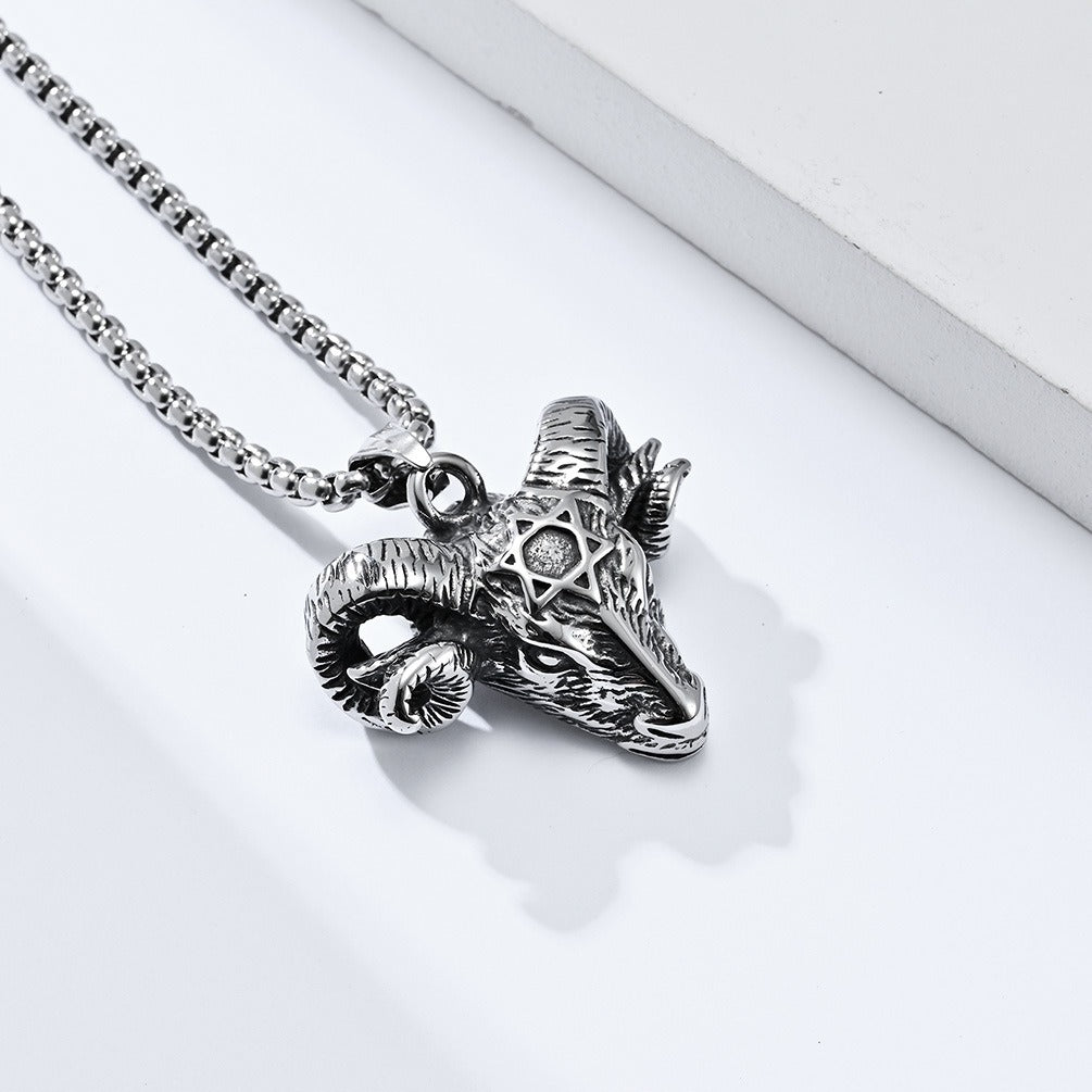 Kemstone Titanium Steel Ram Head Necklace – Gothic Pentagram Pendant K-PT437