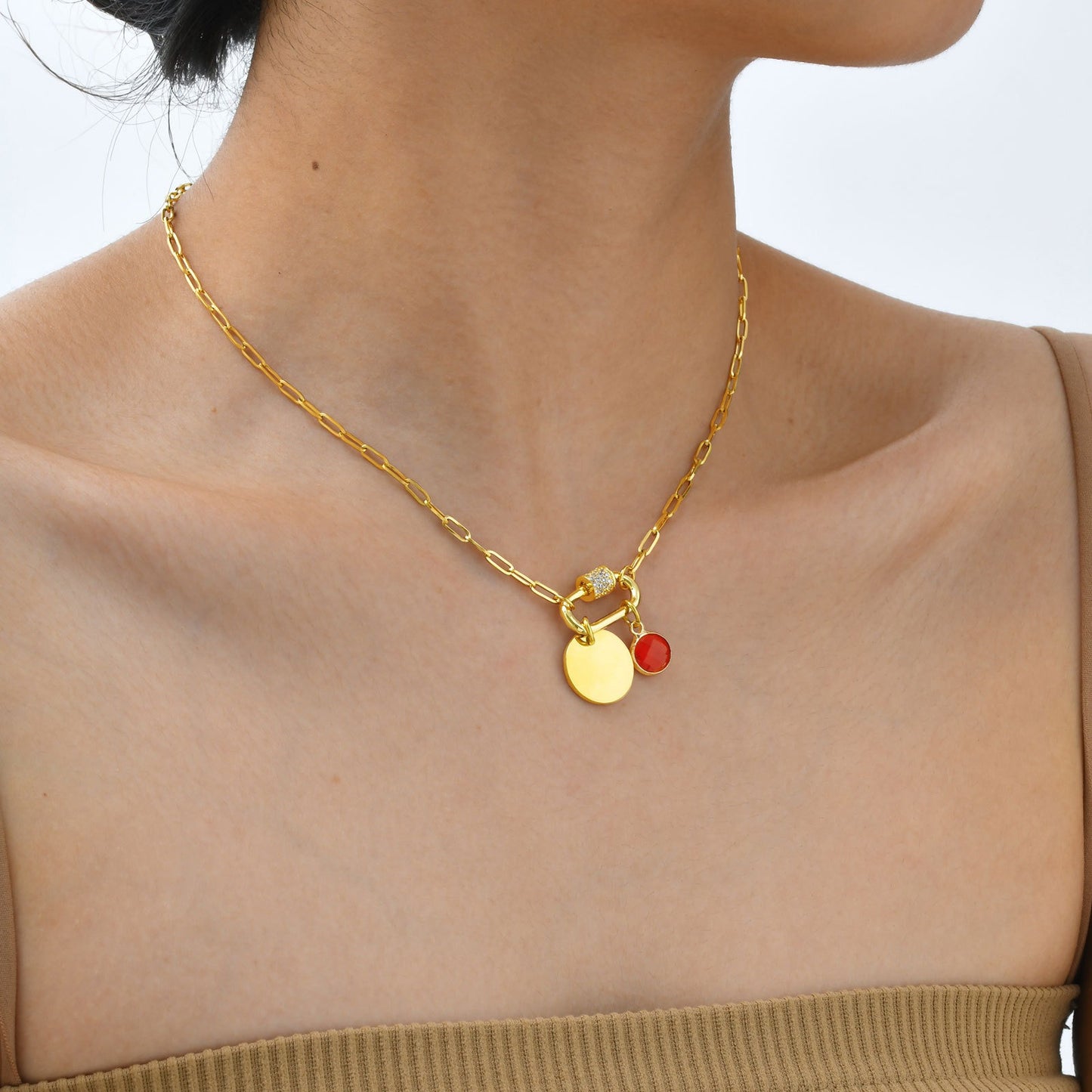 Cadena de eslabones cuadrados de acero inoxidable Kemstone con colgante de piedra de nacimiento del zodíaco - Collar minimalista dorado para mujer NC-2181
