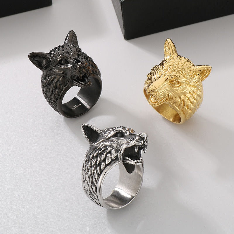 Kemstone Viking Wolf Head Ring – Distressed Stainless Steel Punk Men's Jewelry KR111182-KJX