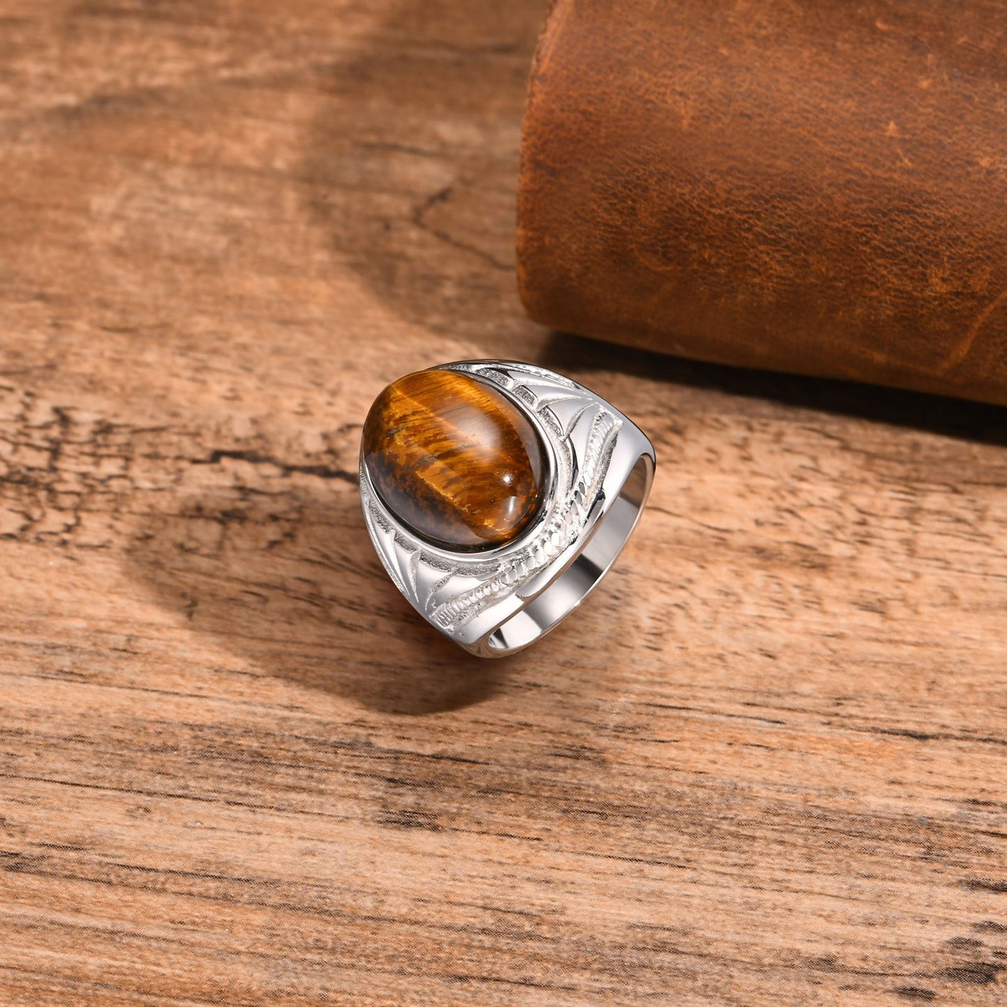 Men's Stainless Steel Tiger Eye Oval Ring – Norse Gothic Power Symbol, Vintage Steel Finish RC687