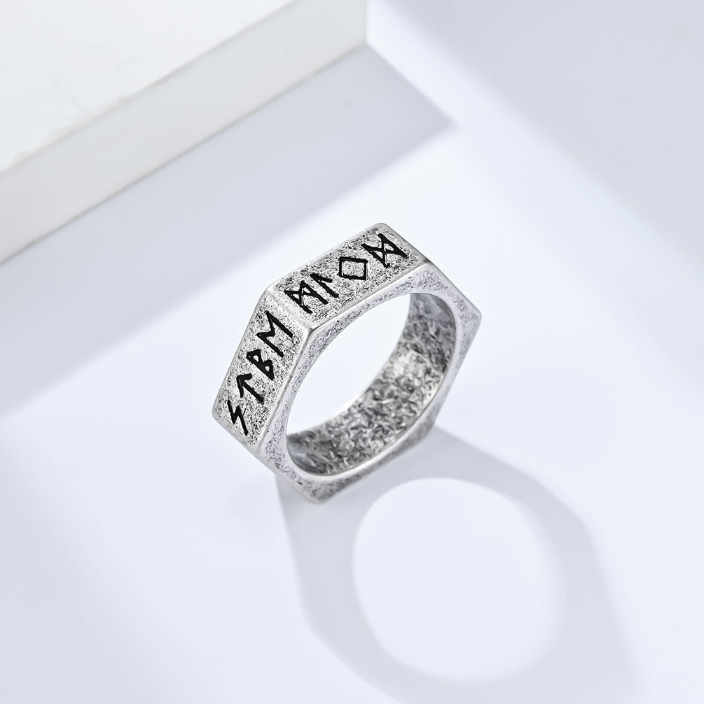 Kemstone Titanium Steel Rune Ring – Nordic Viking Hex Nut Design K-R703