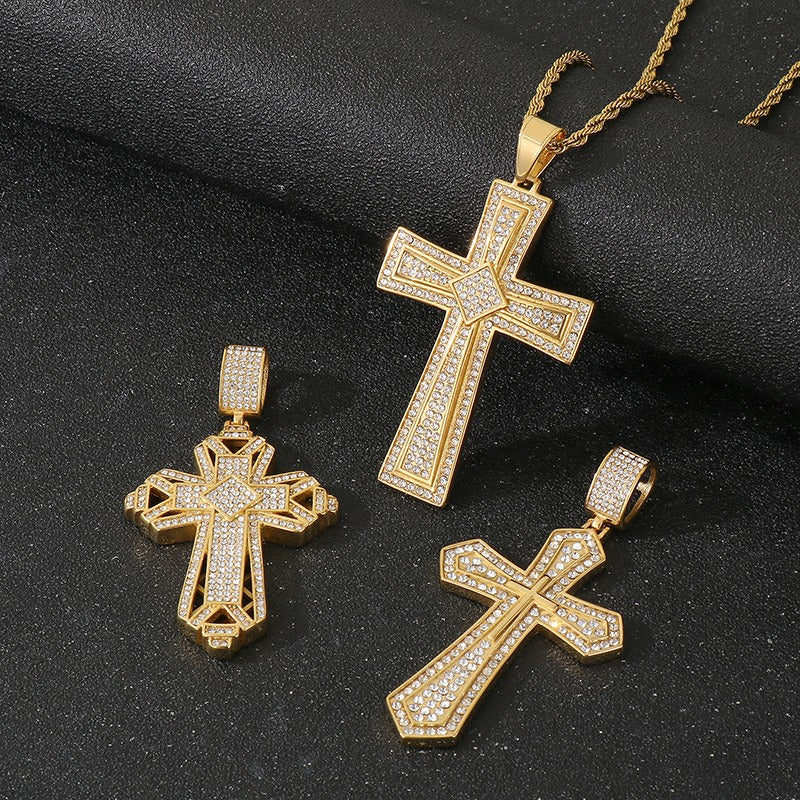 Kemstone Titanium Steel Gold Dual Cross Pendant Necklace – Hip Hop Cubic Zirconia Hollow Design KP130467