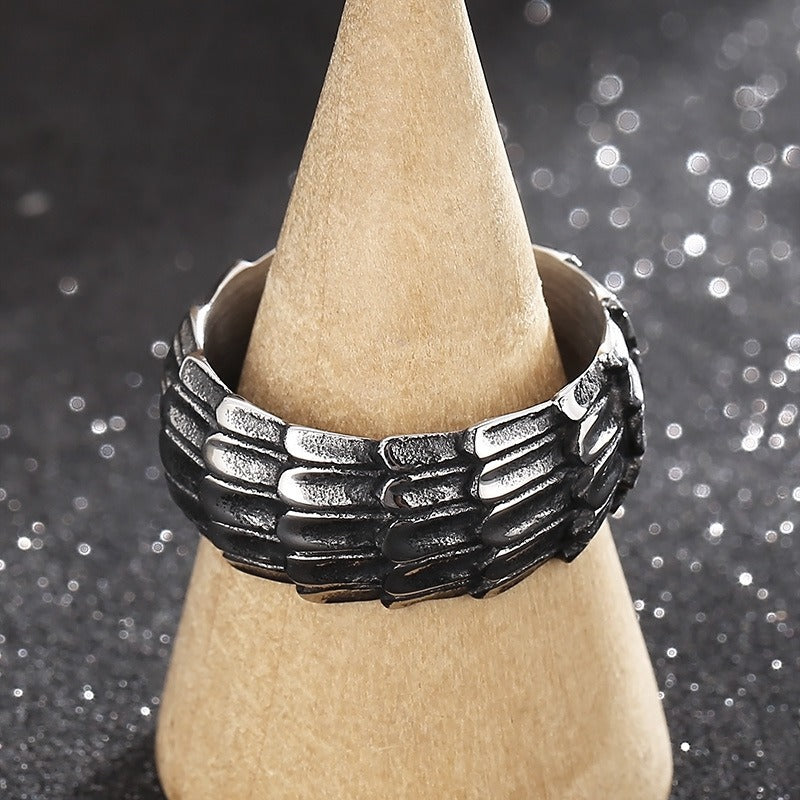 Kemstone Blackened Dragon Scale Ring - Raw-Edged Punk Jewelry for Rebellious Souls KR103316-KJX