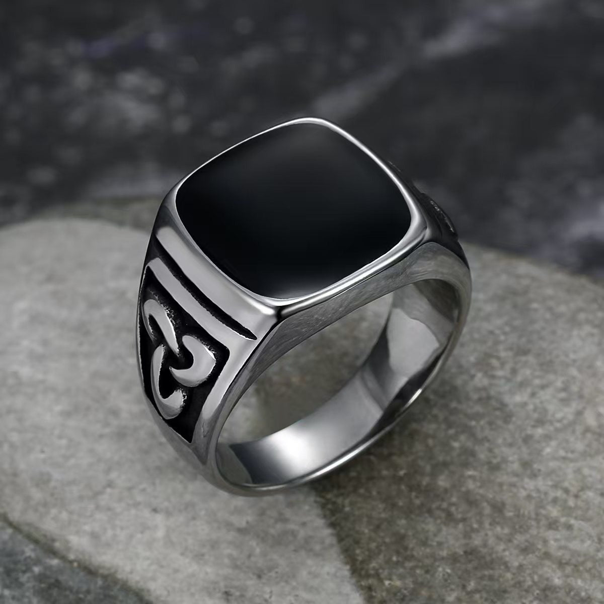 Kemstone Stainless Steel Vintage Totem Triangle Signet Ring for Men, Silver Black Enamel TR0508