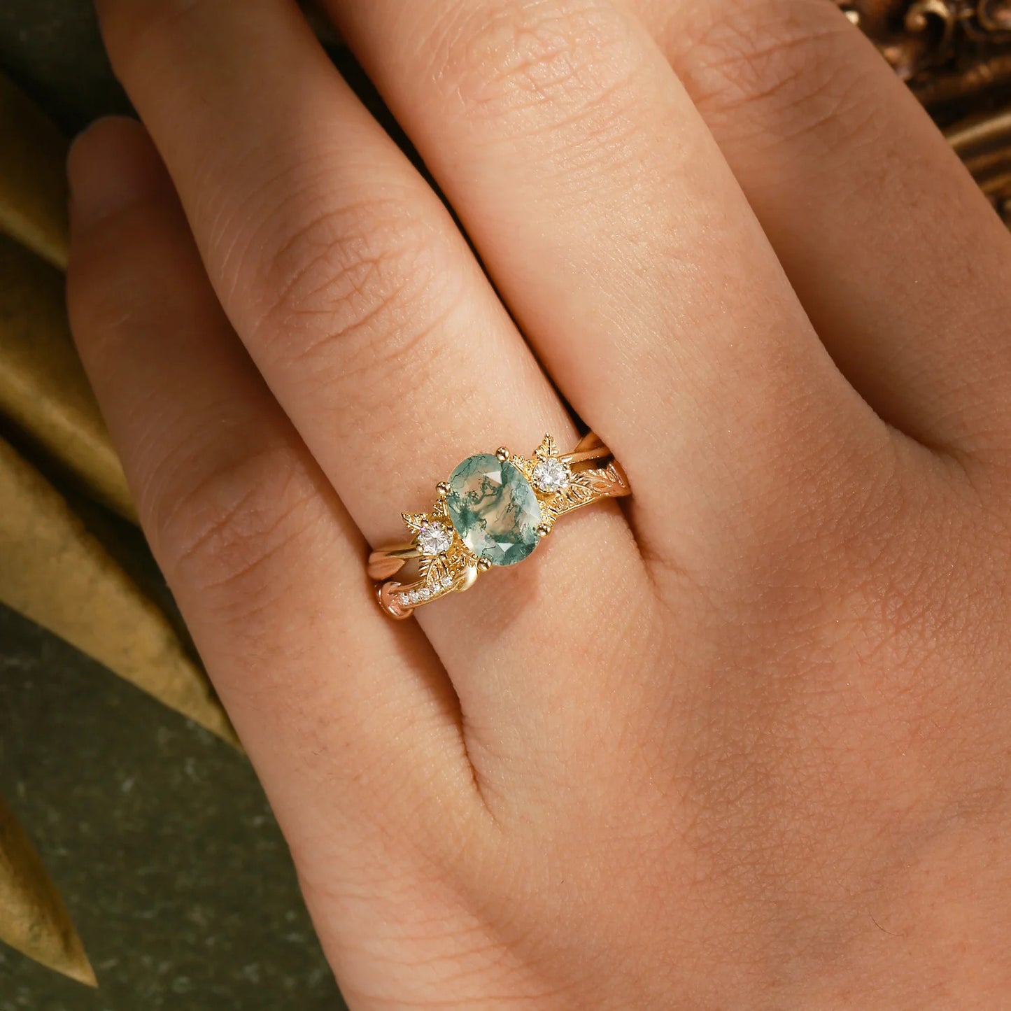 Kemstone Oval Floral Ring Set for Women – Nature Inspired Stackable Bridal Ring in S925 Sterling Silver 18K Gold Plated T7-YC0321RS