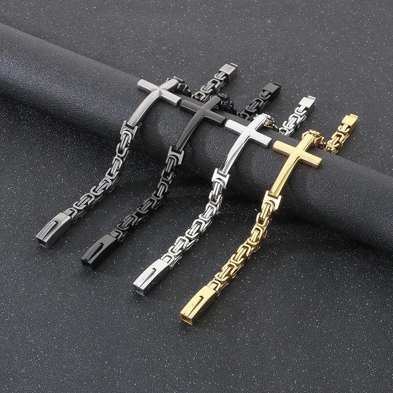 Kemstone Rock Revival Cross Cuff - Byzantine Chain Titanium Bracelet for Men with Vintage Gothic Motif KB190501