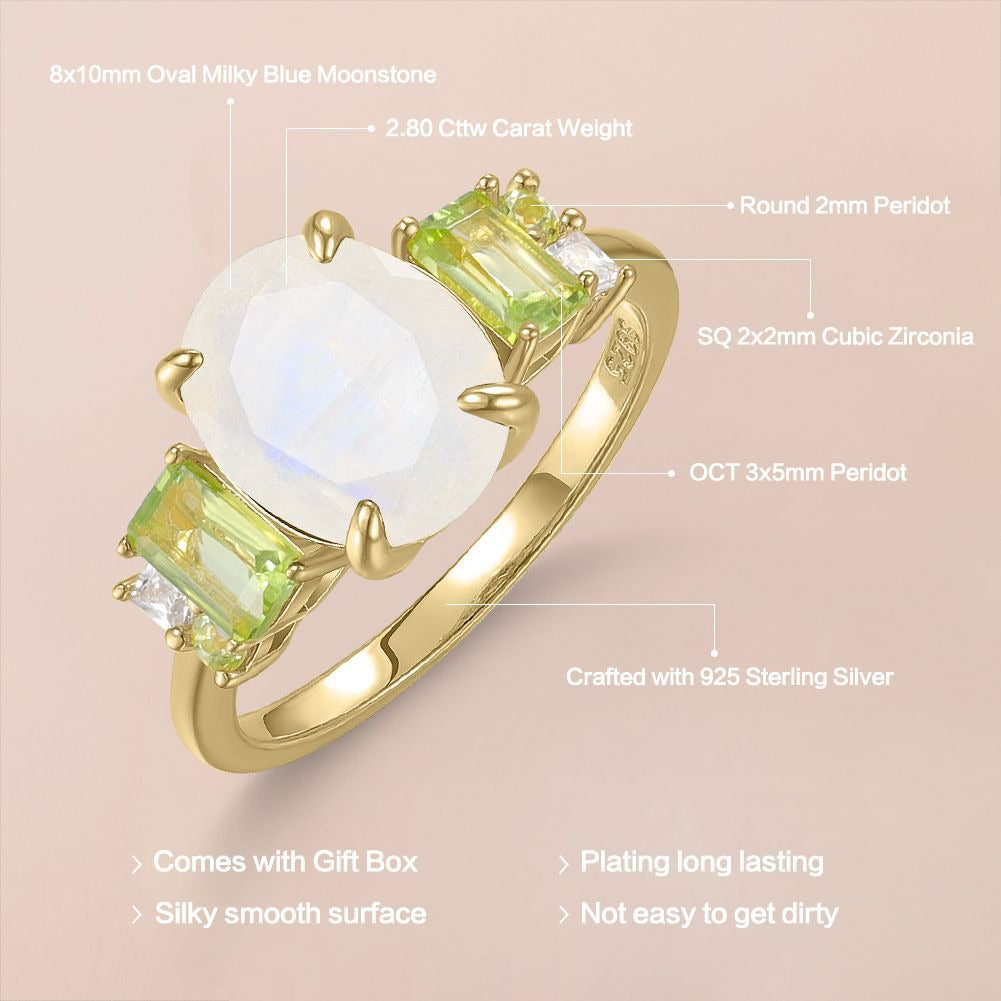 Kemstone Forest Echoes Ring – Moss Agate & Peridot Gemstones, 925 Sterling Silver with 18K Gold Plating, Vintage Botanical Design T7-OL1180R