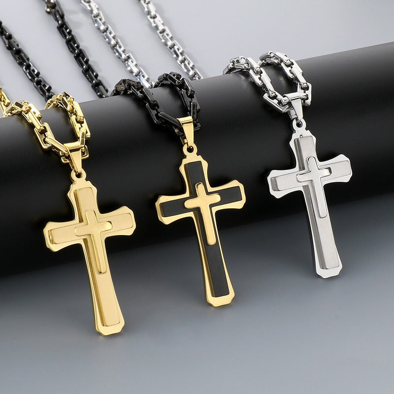 Kemstone Titanium Steel Vintage Bamboo Chain Necklace – Triple Cross Pendant for Men KN288587-K