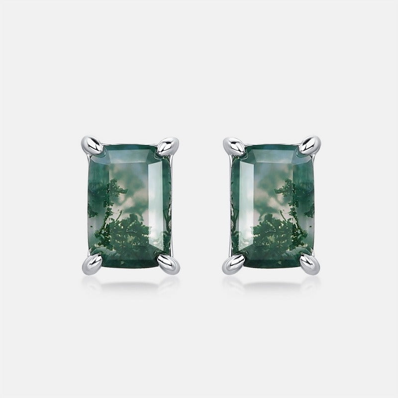 Pendientes de ágata musgosa de diseño original hechos a mano por Kemstone - Diseño geométrico, pendientes de botón de plata de ley S925 para mujer