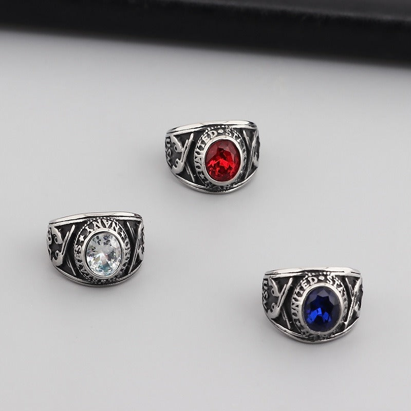 Kemstone Eagle Ring with Red/Blue Gemstones – Titanium Steel Punk Jewelry for Men | Gothic Streetwear Style KR45098-K