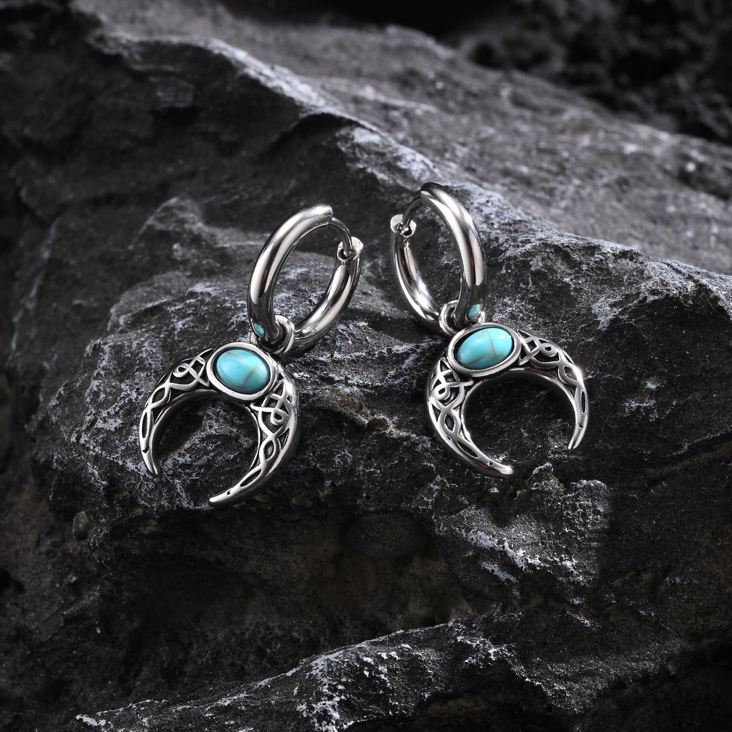 Kemstone Retro Turquoise Moon Men's Earrings - Stainless Steel Hip-Hop Statement Jewelry ED767
