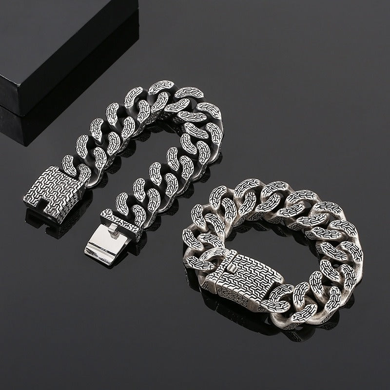 Kemstone Trident Textured Curb Chain Bracelet – Heavy Stainless Steel Viking Punk Streetwear KB179929