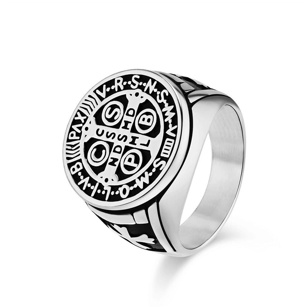 Kemstone Gothic Exorcist Ring – Vintage Stainless Steel Saint Benedict Cross Band for Men | Punk Streetwear Style