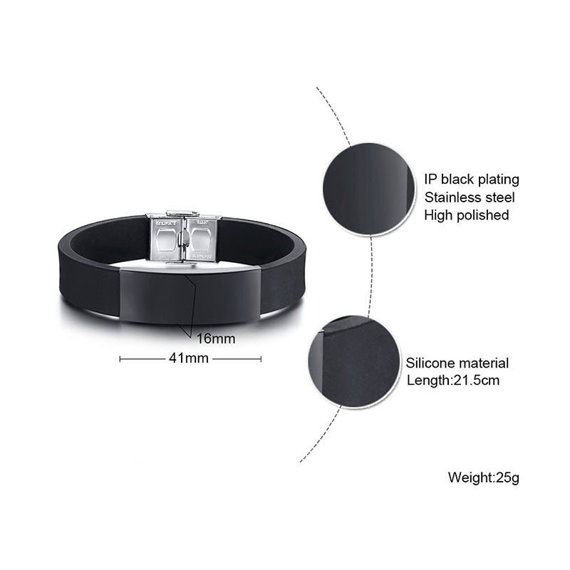 Kemstone Silicone & Stainless Steel Bracelet – Engravable Curved Plate Men’s Wristband BS-076