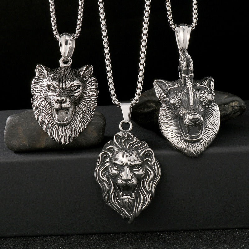Kemstone Predator Series - Collana con ciondolo leone/lupo/volpe in acciaio al titanio opaco per abbigliamento punk da uomo KP79439-BD