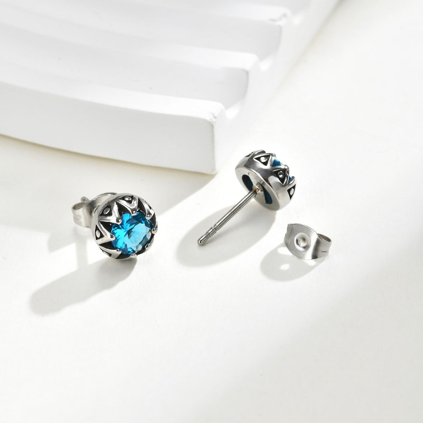 Kemstone Titanium Steel Stud Earrings - Blue Zircon Punk Crown for Men & Women ES-736