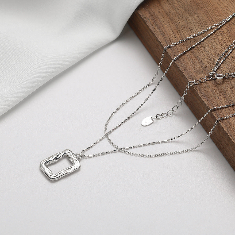 Kemstone Layered Rectangle Pendant Necklace – 925 Sterling Silver Double Chain Necklace for Women, Gold & Silver Minimalist Handmade Jewelry A4-BQN19