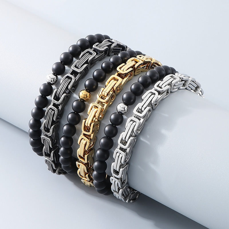 Kemstone Double Chain Bracelet for Men – Stainless Steel & Black Agate Beads, Viking Punk Style