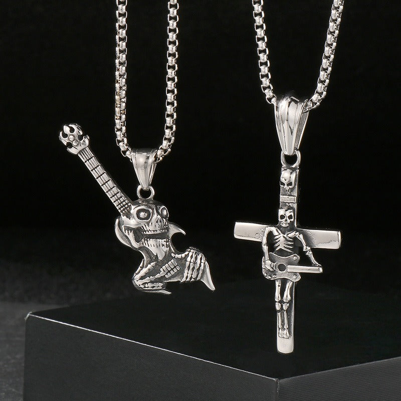 Kemstone Titanium Steel Skull Pendant Necklace with Musical Instruments – Hip Hop KP55730-BD