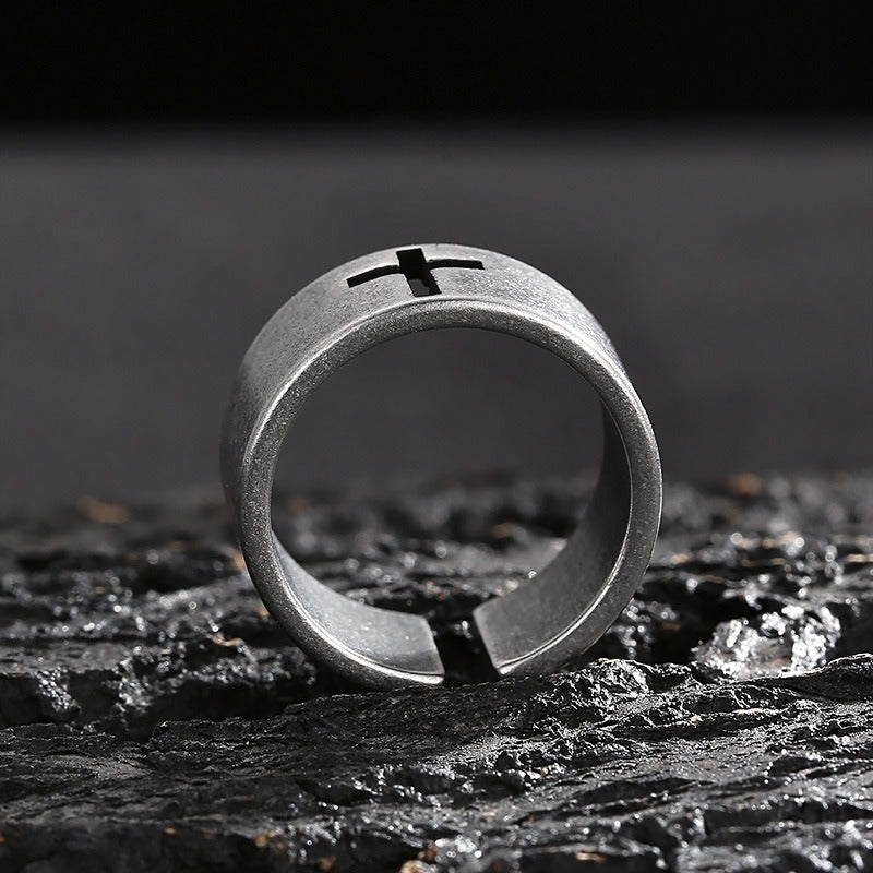 Kemstone Gothic Cross Adjustable Ring – Distressed Titanium Steel Openwork Men’s Jewelry KR104680