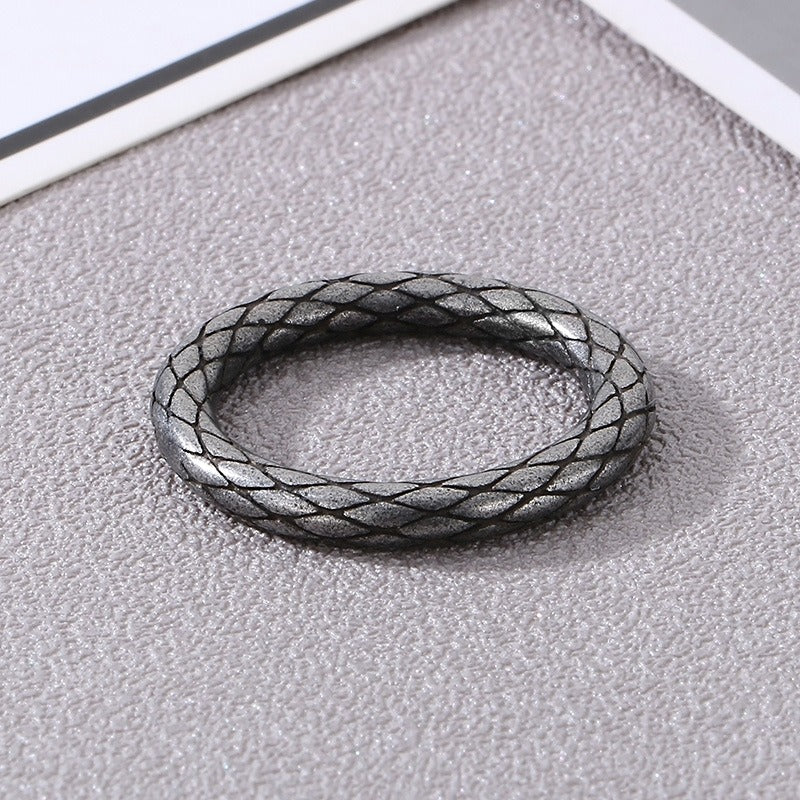 Kemstone Serpent Grid Ring – Distressed Stainless Steel Circle Band for Men | Gothic Punk Street Style KR1088455
